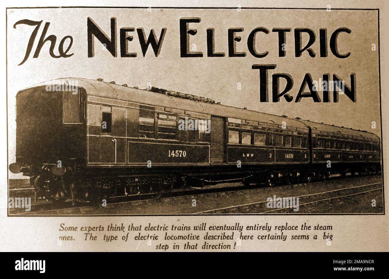 A 1930 image of The newly introduced Electric Train, speculating it could replace steam. Stock Photo