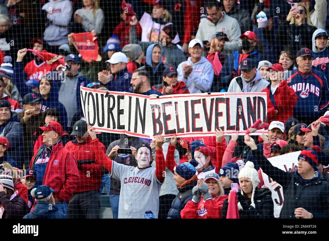 Cleveland Guardians fans cheer before a wild card baseball playoff game  against the Tampa Bay Rays, Saturday, Oct. 8, 2022, in Cleveland. (AP  Photo/David Dermer Stock Photo - Alamy