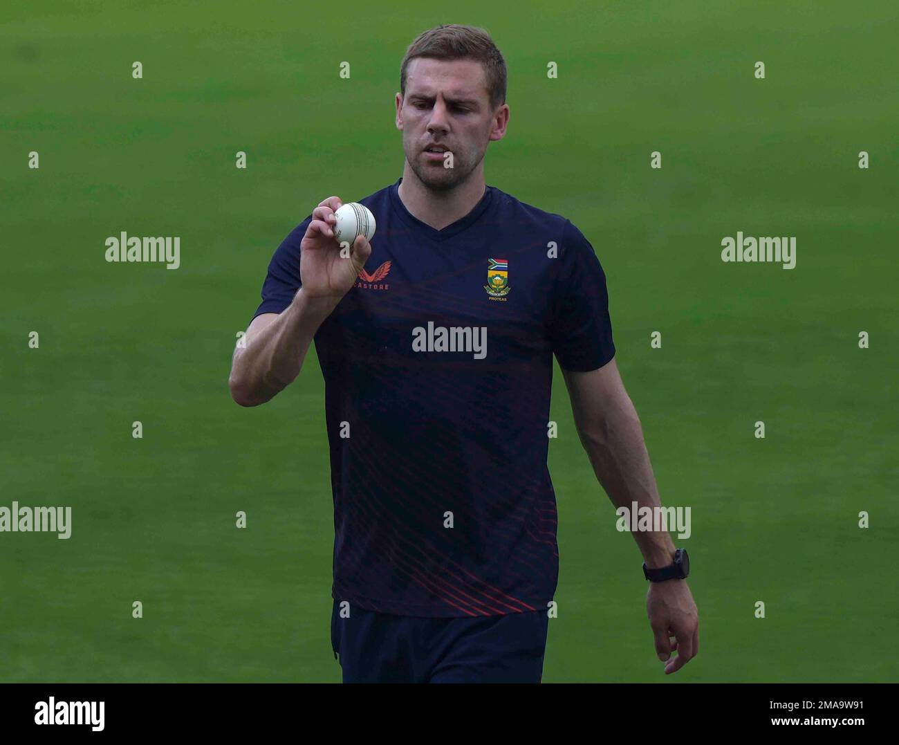 South African cricketer Anrich Nortje bowls during a training session ...