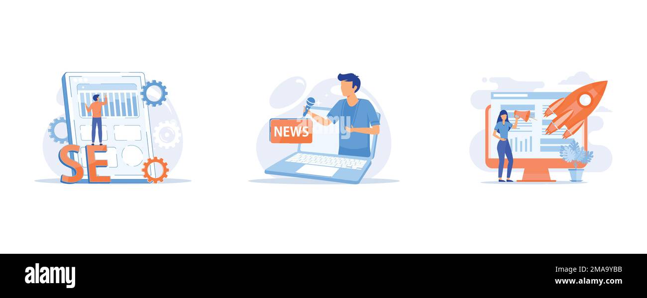 Search engine optimization, Mass media, Creative idea flat icon, set flat vector modern illustration Stock Vector