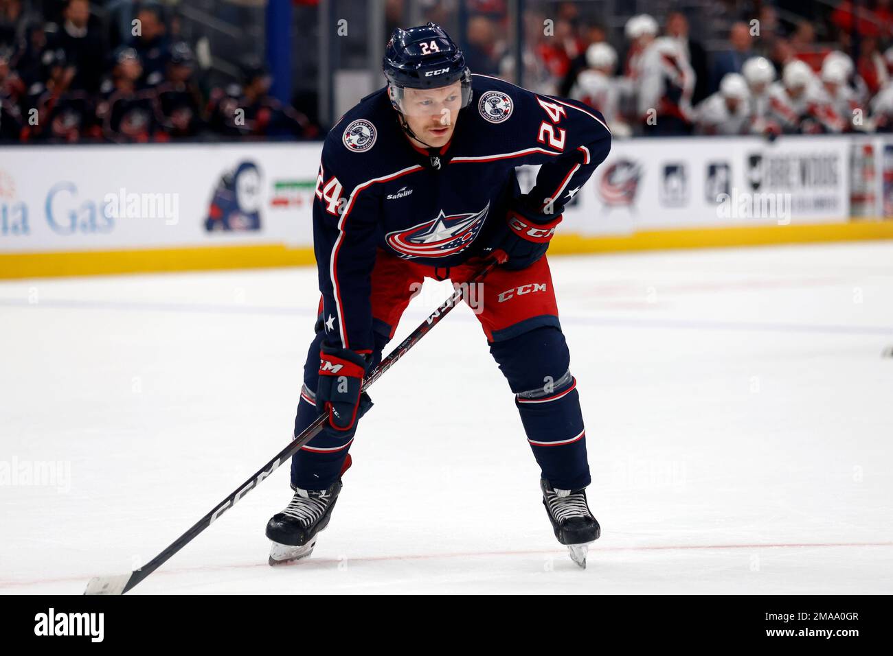 Columbus Blue Jackets forward Mathieu Olivier waits on a puck drop