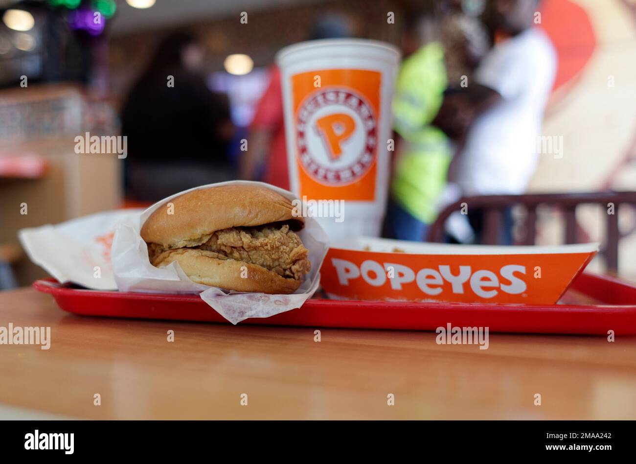 FILE A chicken sandwich is displayed at a Popeyes fast food