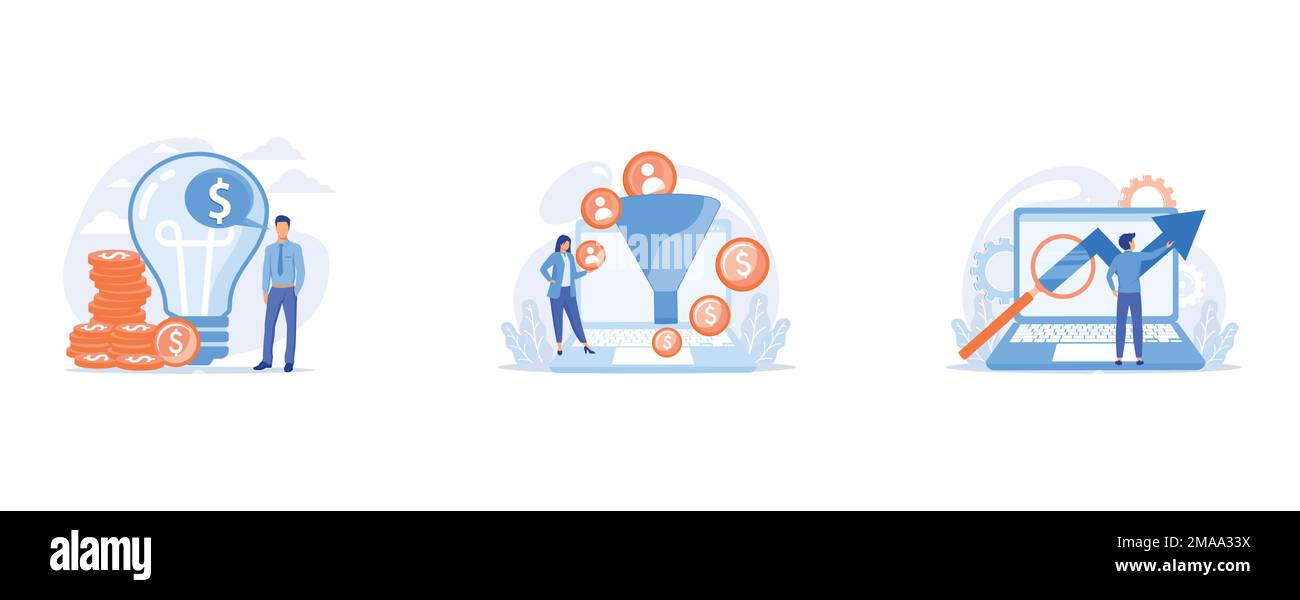 Intellectual property, Sales funnel, Software testing, set flat vector modern illustration Stock Vector