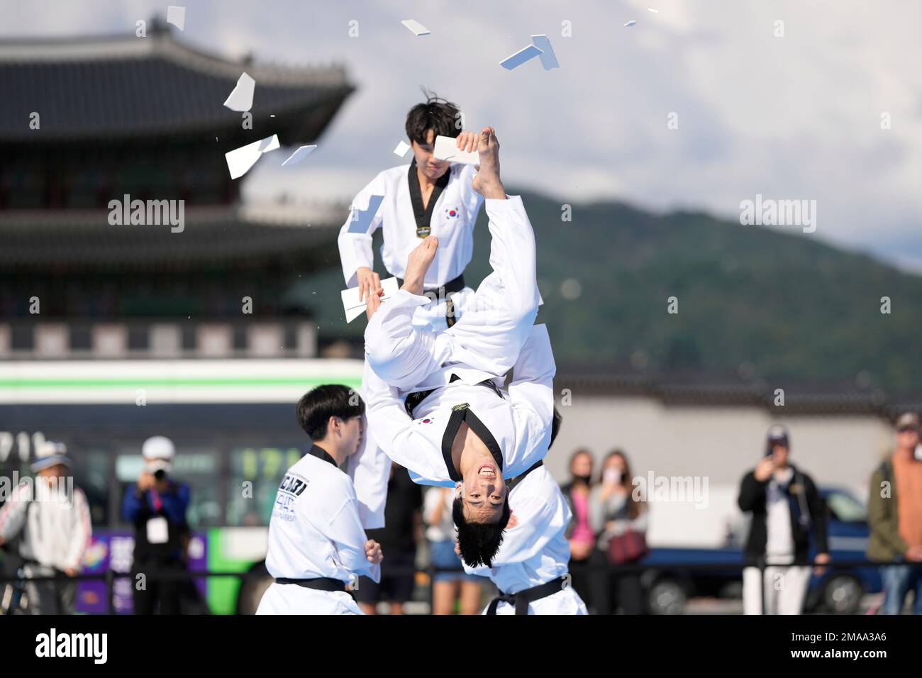 Members of Taekwondo demonstration team break plates during the ...