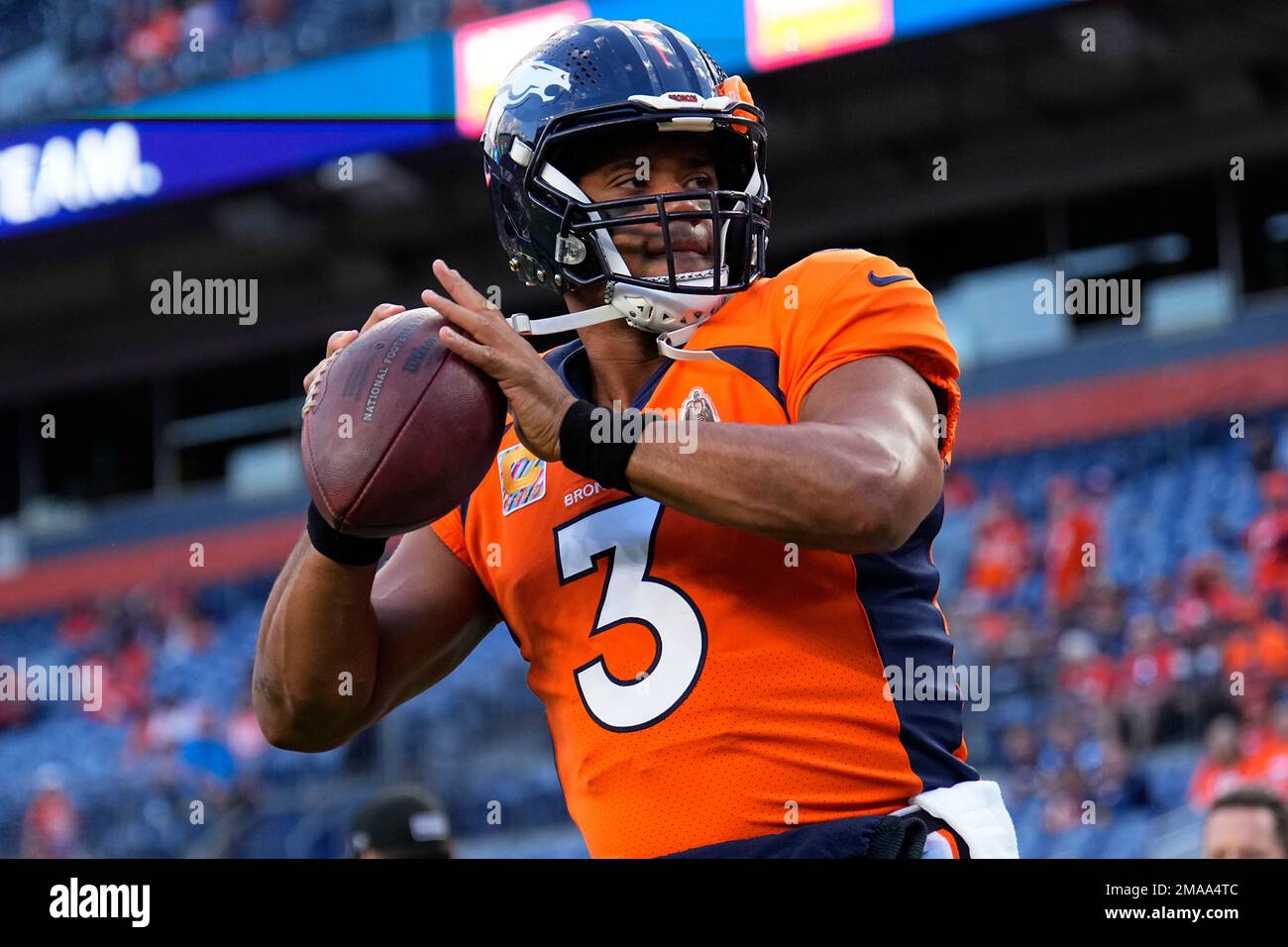 Denver Broncos quarterback Russell Wilson (3) prepares to take the field  prior to an NFL football game against the Indianapolis Colts, Thursday, Oct.  6, 2022, in Denver. (AP Photo/Jack Dempsey Stock Photo - Alamy