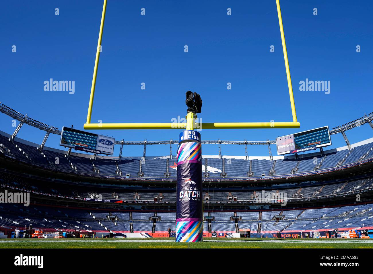 The NFL Crucial Catch logo is seen on the goal post at Mile High