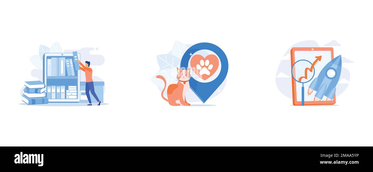 Ebooks collection, Pet friendly area, Mobile software optimization, set flat vector modern illustration Stock Vector