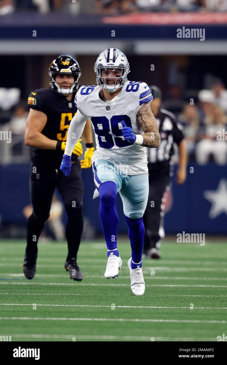 Dallas Cowboys tight end Peyton Hendershot (89) is seen during the second  half of an NFL football game against the Washington Commanders, Sunday, Oct.  2, 2022, in Arlington, Texas. Dallas won 25-10. (