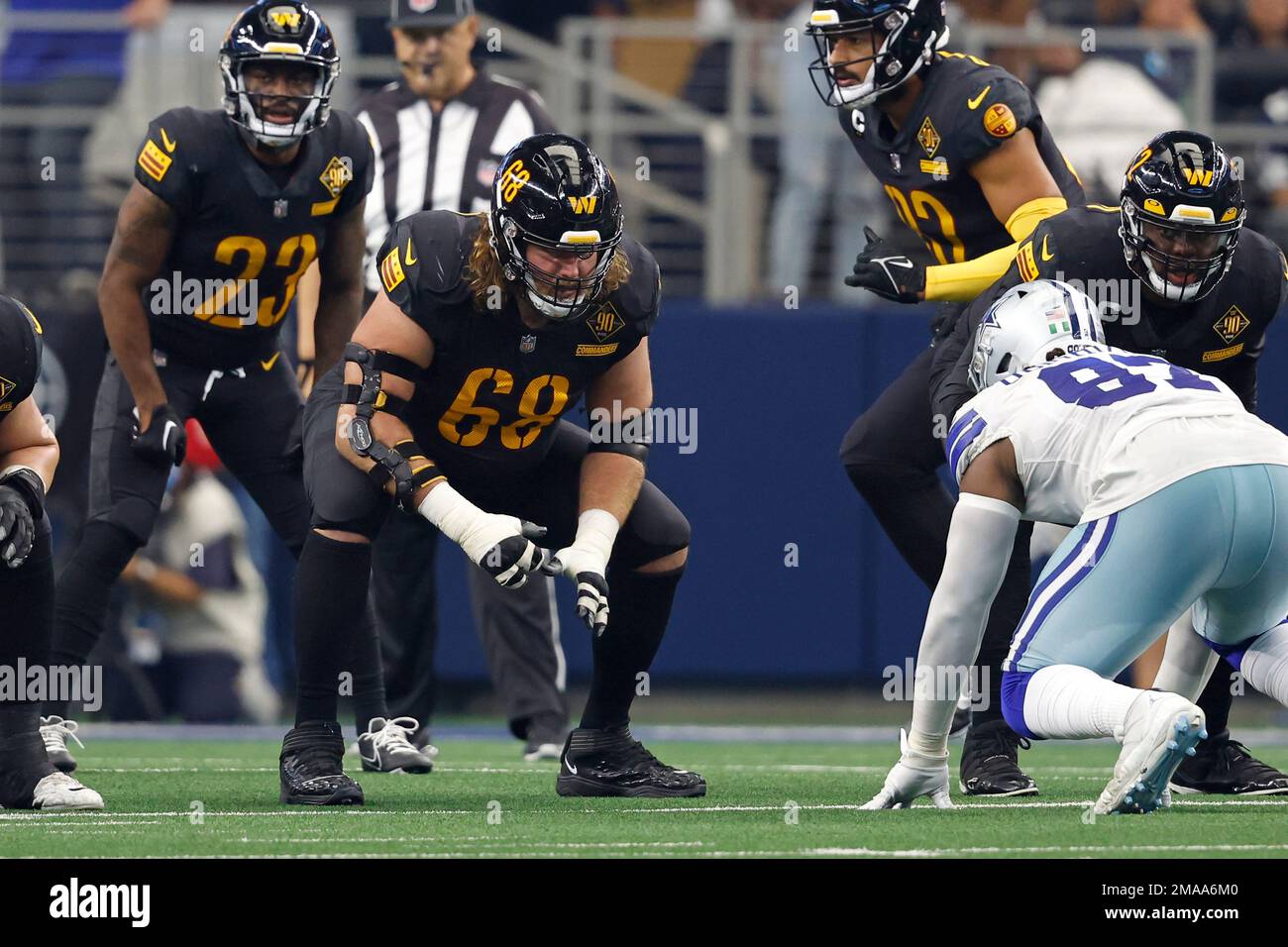 Washington Commanders guard Andrew Norwell (68) blocks during an NFL  Football game in Arlington, Texas, Sunday, Oct. 2, 2022. (AP Photo/Michael  Ainsworth Stock Photo - Alamy