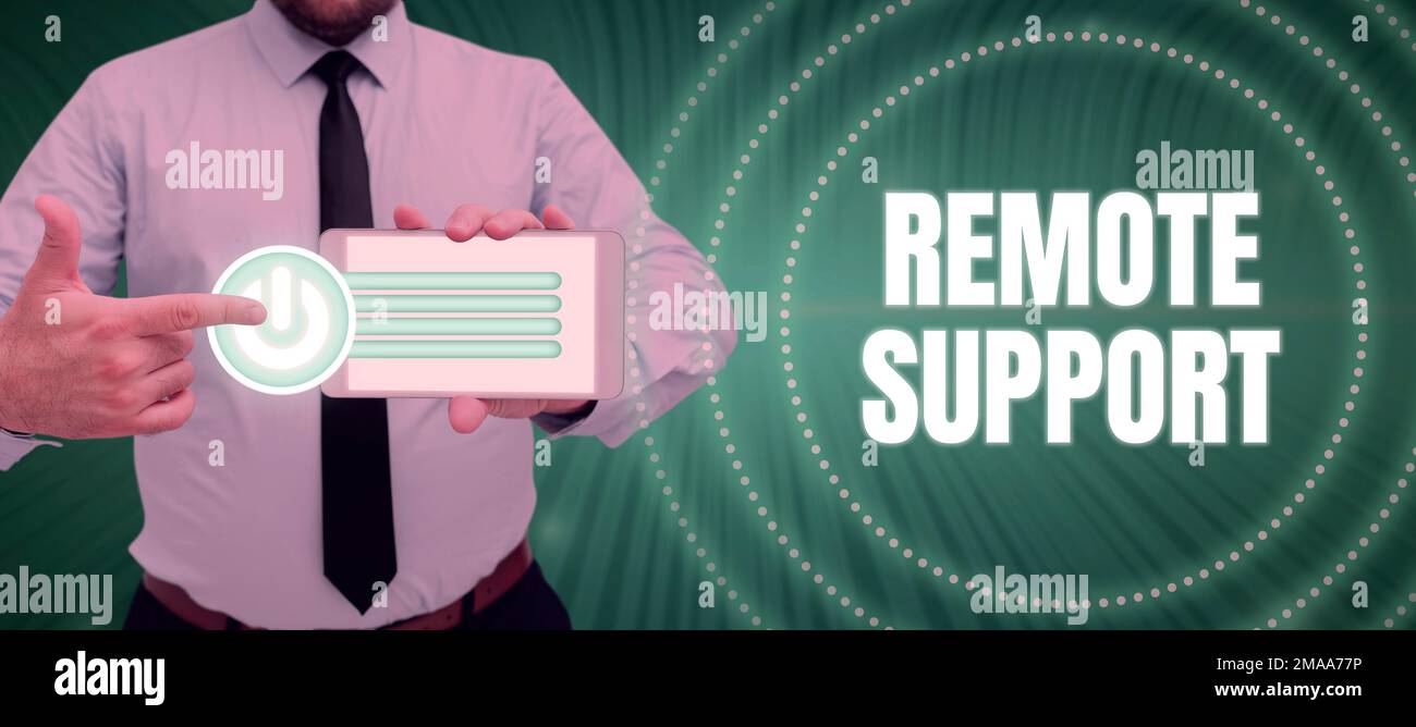 Sign displaying Remote Support. Word Written on help end-users to solve computer problems and issues remotely Stock Photo