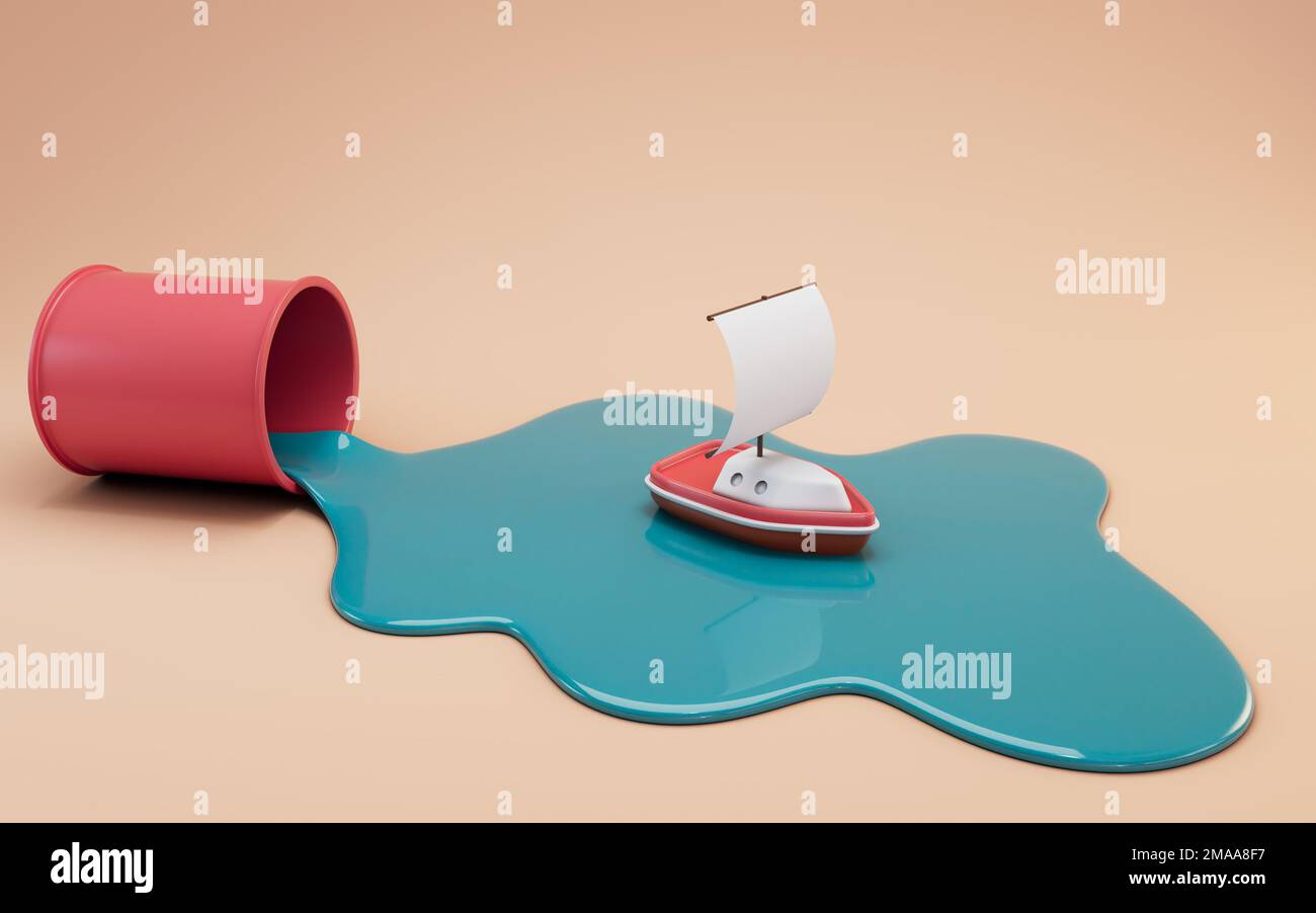 Toy ship floating on spilled paint. Composition with sailboat and can