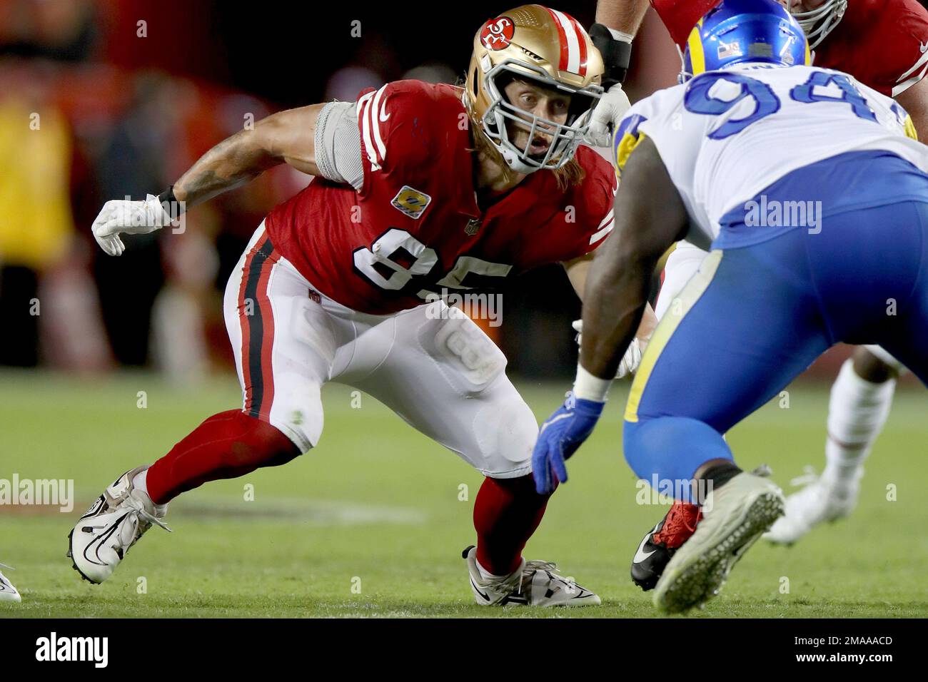 San Francisco 49ers tight end George Kittle (85) pass blocks