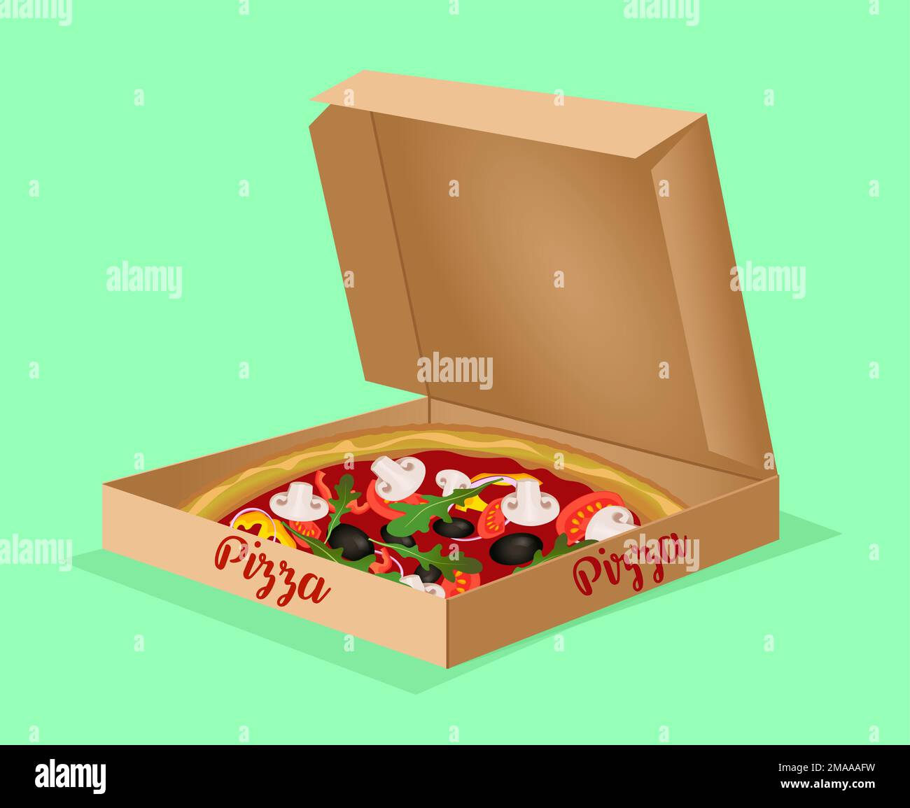 Realistic pizza in box with onion, tomato, olive, arugula, champignons