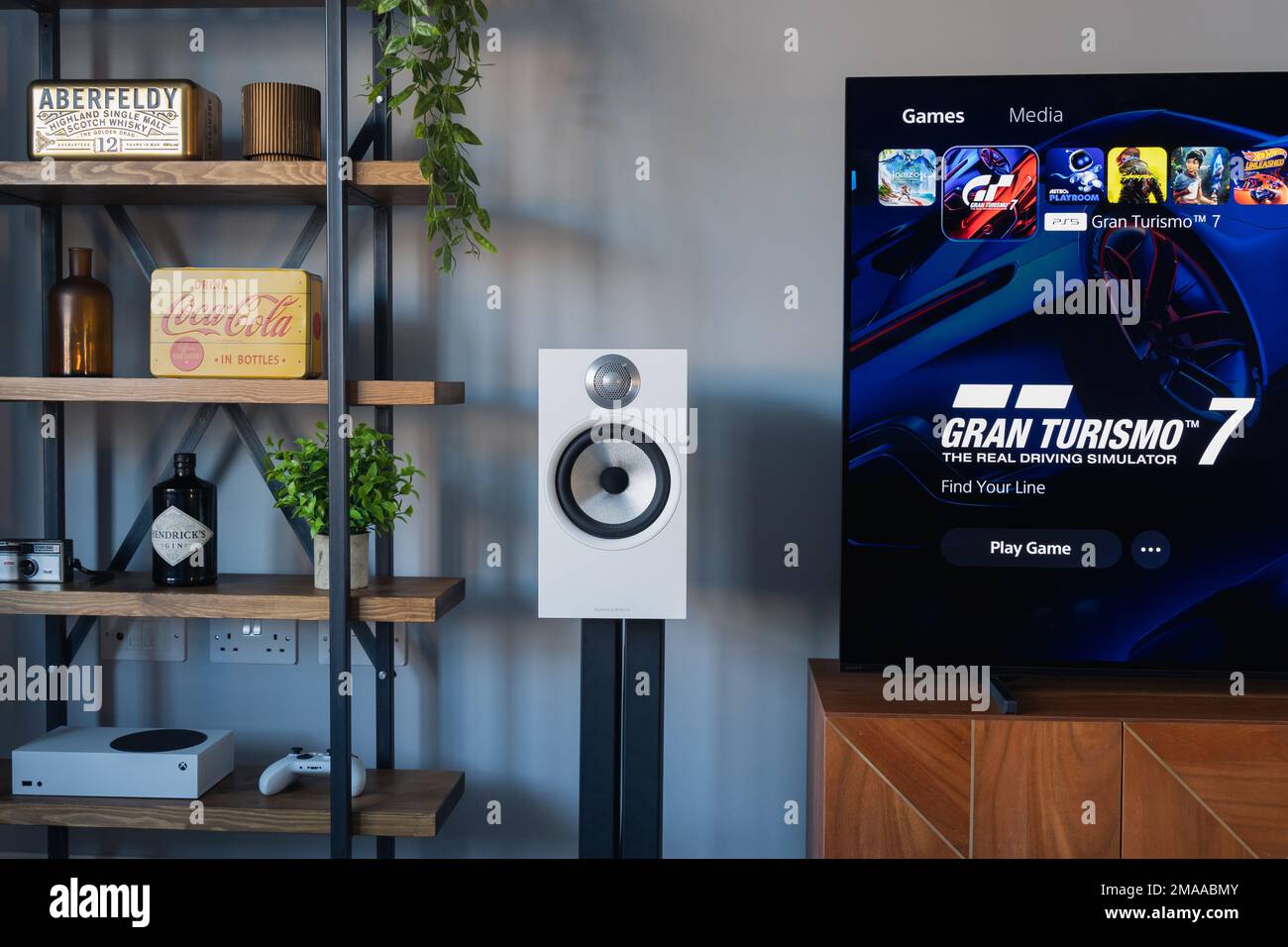 LONDON JANUARY 06, 2023 PS5 PlayStation 5 games console on 4K TV in