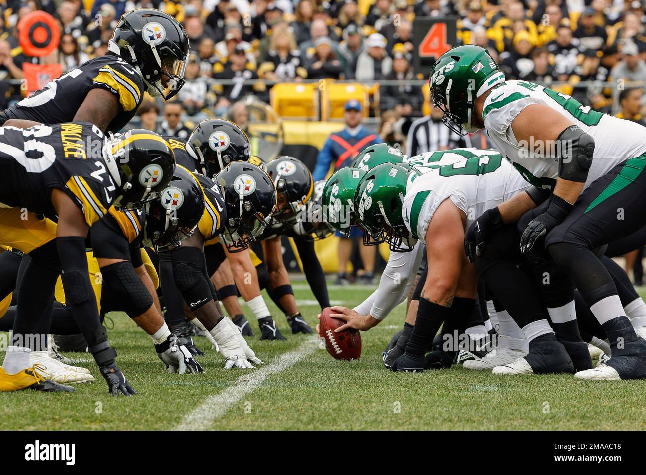 The Pittsburgh Steelers and the New York Jets line up for the snap at the  line of scrimmage during an NFL football game at Acrisure Stadium, Sunday,  Oct. 2, 2022 in Pittsburgh,
