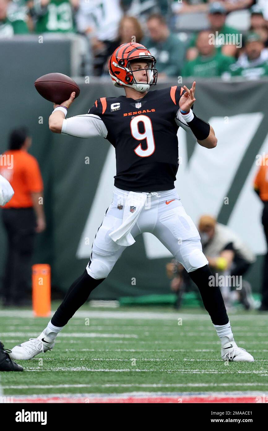 Cincinnati Bengals quarterback Joe Burrow (9) in action against the New  York Jets during an NFL football game on Sunday, Sep. 25, 2022, in East  Rutherford, N.J. (Brad Penner/AP Images for Panini