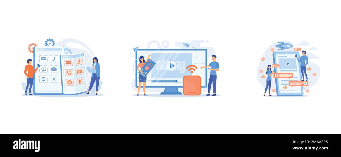 Tiny business people using smartphone with flexible screen, Tiny people ...