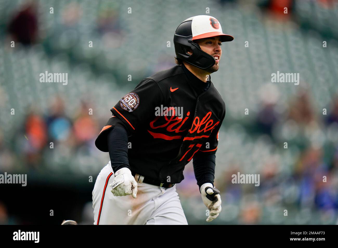 Baltimore Orioles' Terrin Vavra watches his ball while hitting a three-run  home run against the Toronto Blue Jays during the eighth inning of the  first game of a baseball doubleheader, Wednesday, Oct.