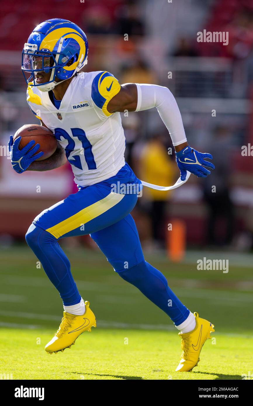 Defensive back (21) Russ Yeast of the Los Angeles Rams warms up before  playing against the San Francisco 49ers in an NFL football game, Monday,  Oct. 3, 2022, in Santa Clara, Calif.