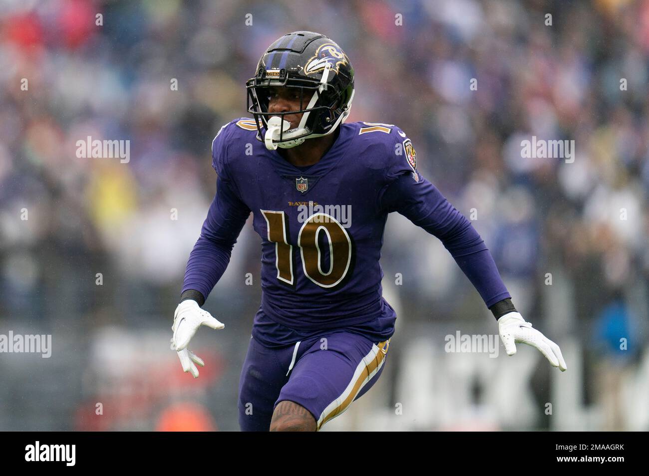 Baltimore Ravens wide receiver Demarcus Robinson runs a route during the  first half of an NFL football game between the Baltimore Ravens and the Buffalo  Bills, Sunday, Oct. 2, 2022, in Baltimore. (
