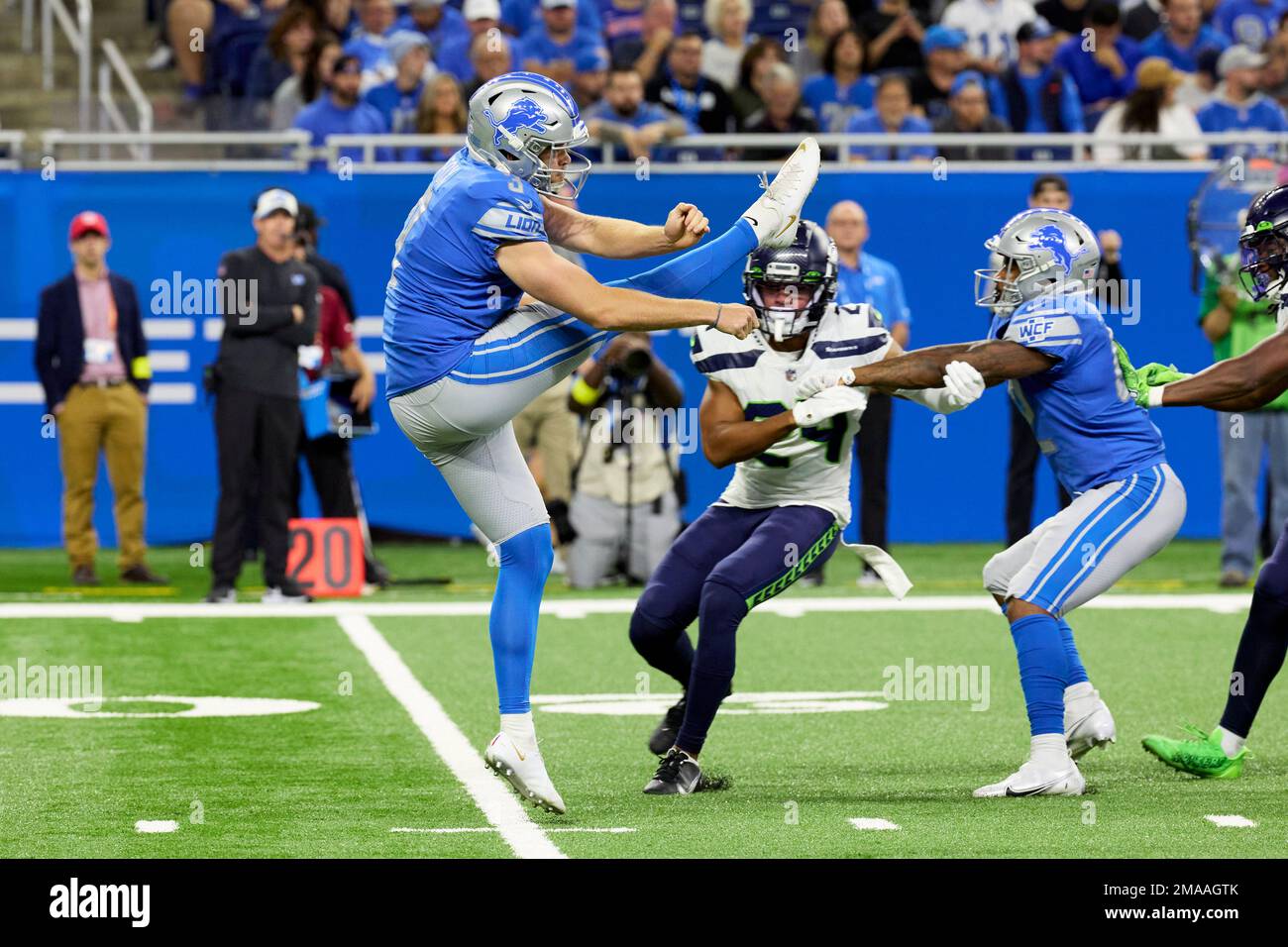 Detroit Lions punter Jack Fox (3) punts against the Seattle Seahawks during  an NFL football game, Sunday, Oct. 2, 2022, in Detroit. (AP Photo/Rick  Osentoski Stock Photo - Alamy