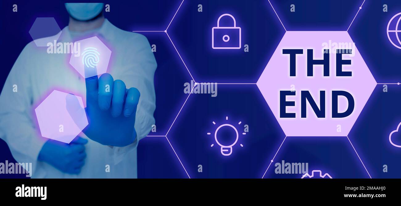 Hand writing sign The End. Business overview Final part of play