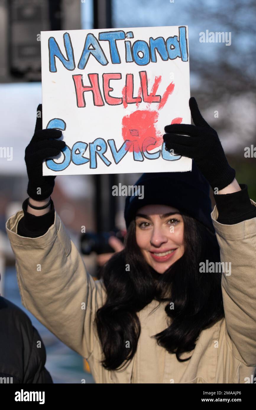 Manchester, UK. January 19, 2023. Nurses with banners joined the picket line at The Christie