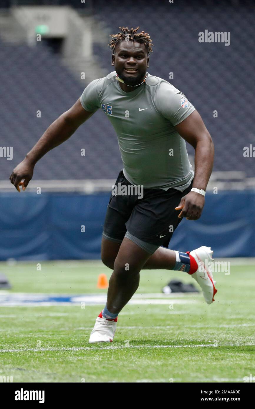 Offensive lineman Basil Chijioke Okoye, of Nigeria, participates in a