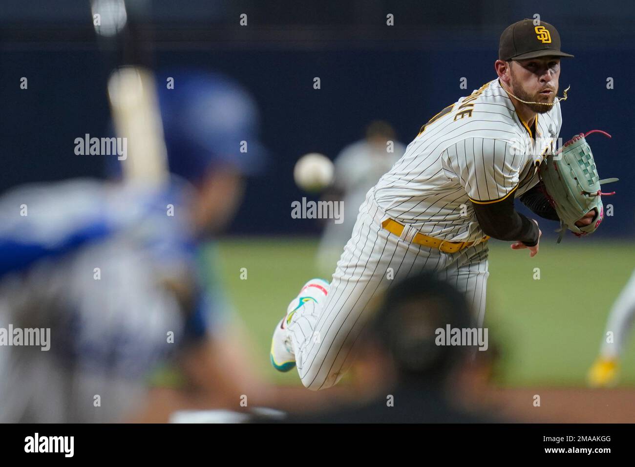 FILE San Diego Padres starting pitcher Joe Musgrove pitches to a Los Angeles Dodgers batter