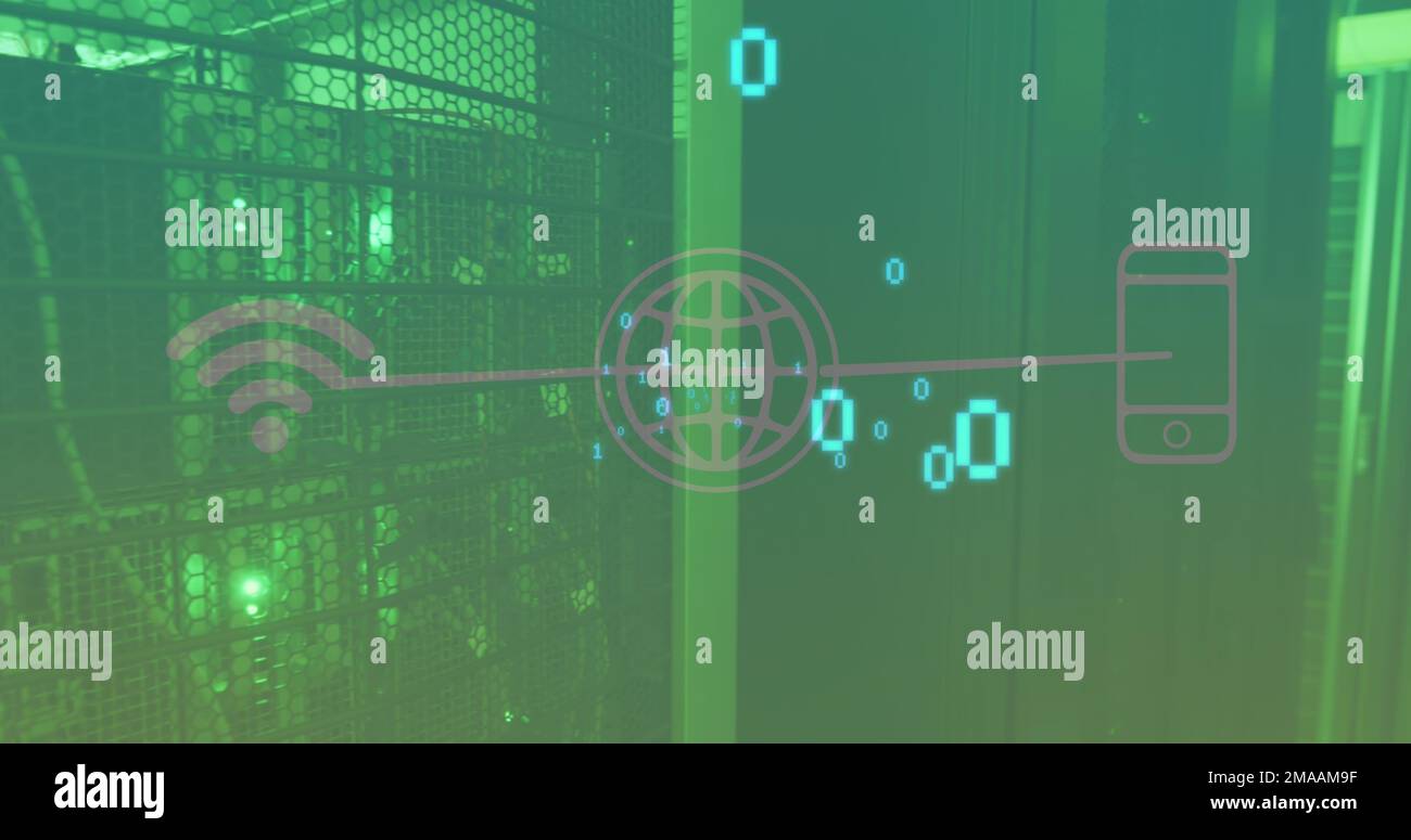 Image of binary code, tech icons and servers Stock Photo - Alamy