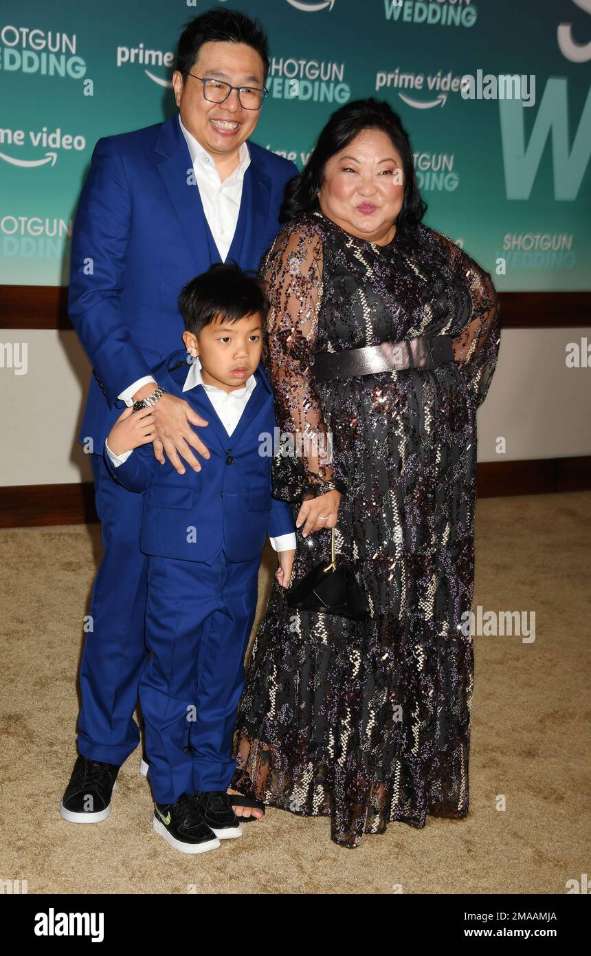 HOLLYWOOD, CA - JANUARY 18: Selena Tan (R) and family attend the Los Angeles premiere of Prime Video's 'Shotgun Wedding' at TCL Chinese Theatre on Jan Stock Photo