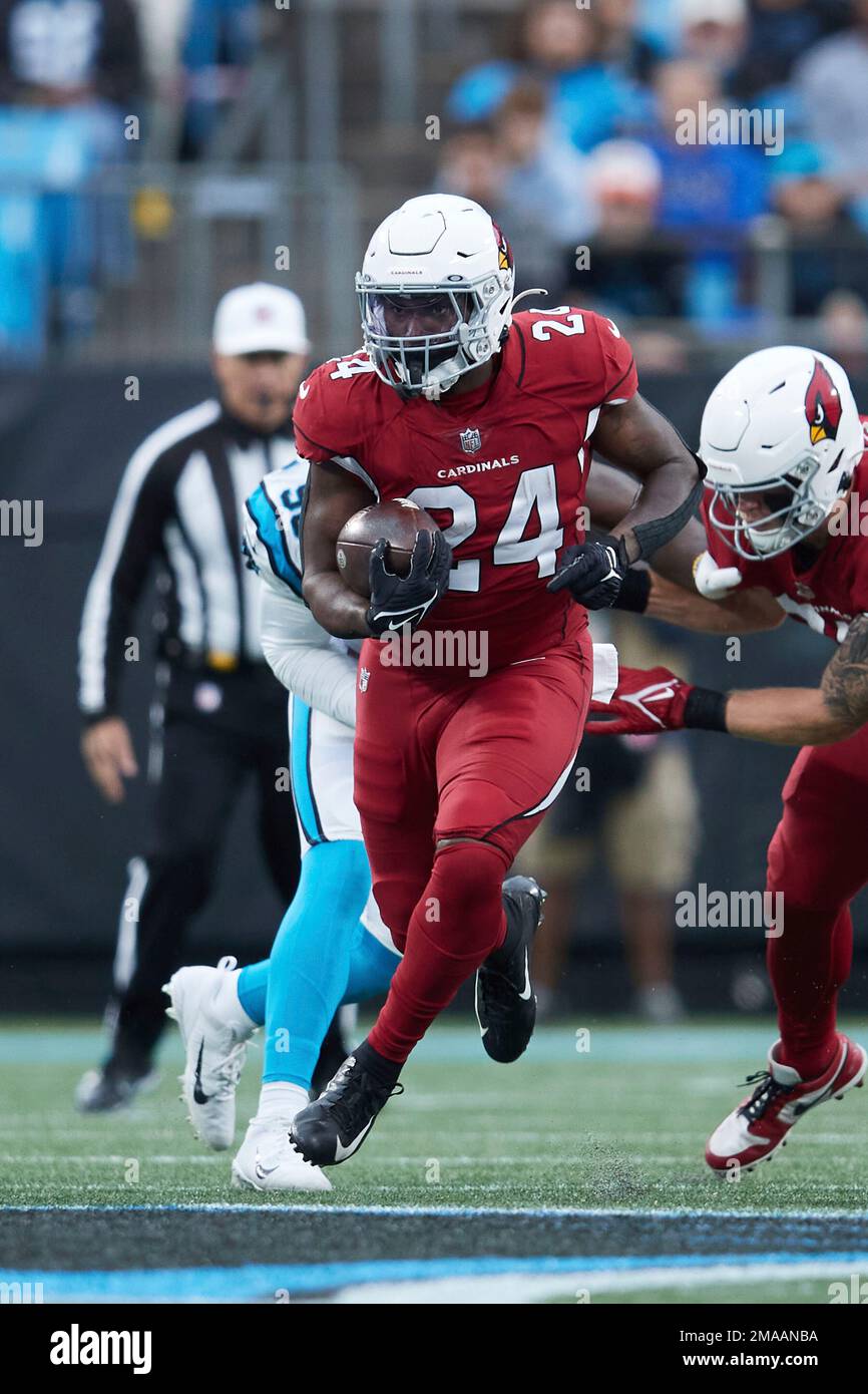 Arizona Cardinals running back Darrel Williams (24) is tackled by Carolina  Panthers defensive tackle Derrick Brown (95); safety Xavier Woods (25), and  cornerback Myles Hartsfield (38) during an NFL football game, Sunday