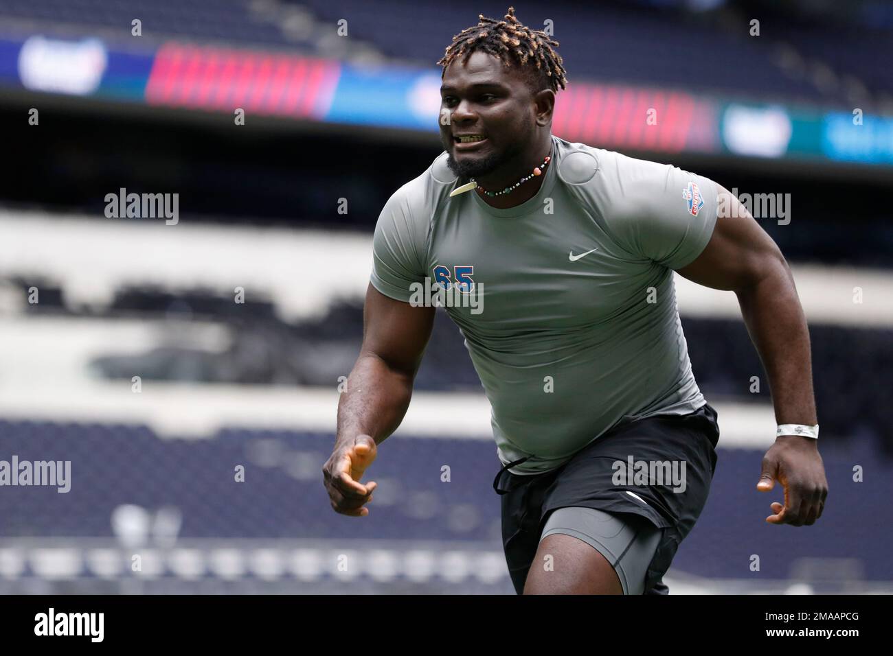 Offensive lineman Basil Chijioke Okoye, of Nigeria, participates in a