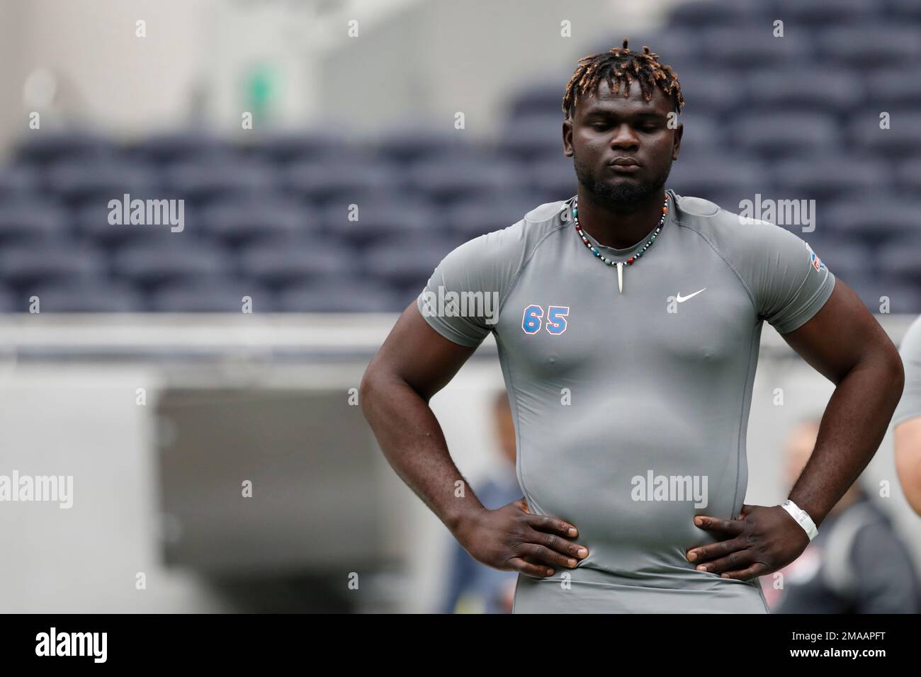 Offensive lineman Basil Chijioke Okoye, of Nigeria, participates in a