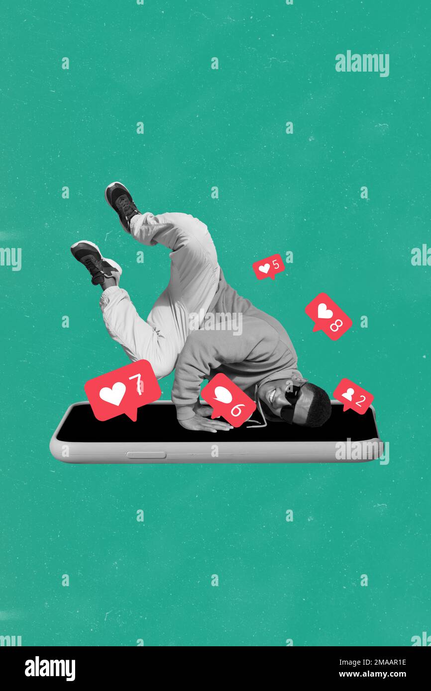 Creative digital template collage of crazy guy break dance on smart gadget touch screen increase facebook instagram youtube likes Stock Photo