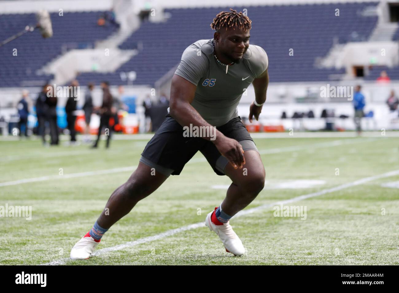 Offensive lineman Basil Chijioke Okoye, of Nigeria, participates in a