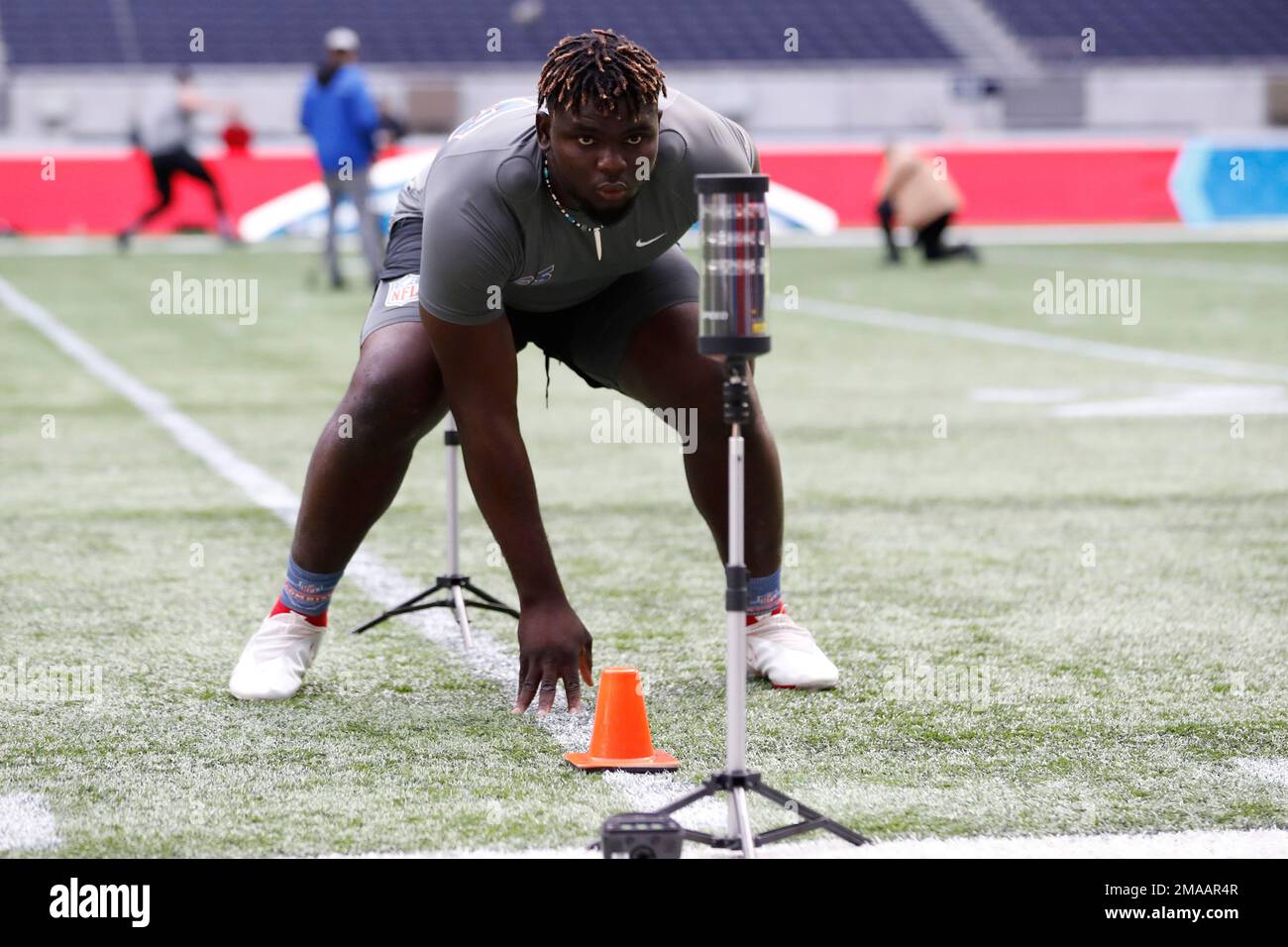 Offensive lineman Basil Chijioke Okoye, of Nigeria, participates in a
