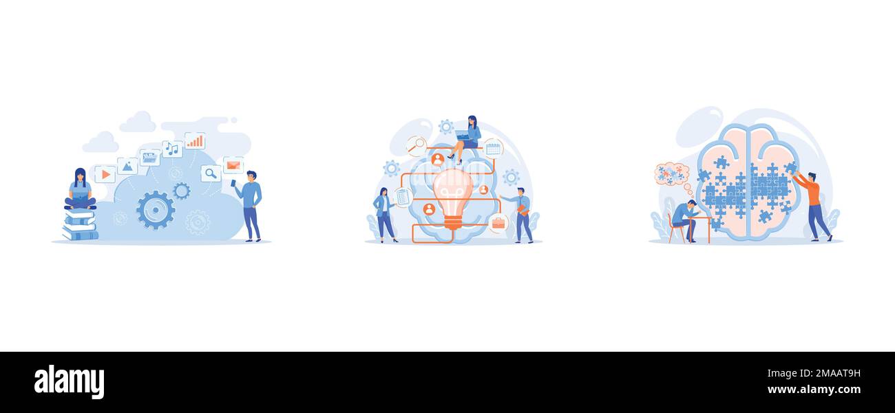 Developers using laptop and smartphone working with cloud data, Business team working on project, Man doing human brain puzzle, set flat vector modern Stock Vector