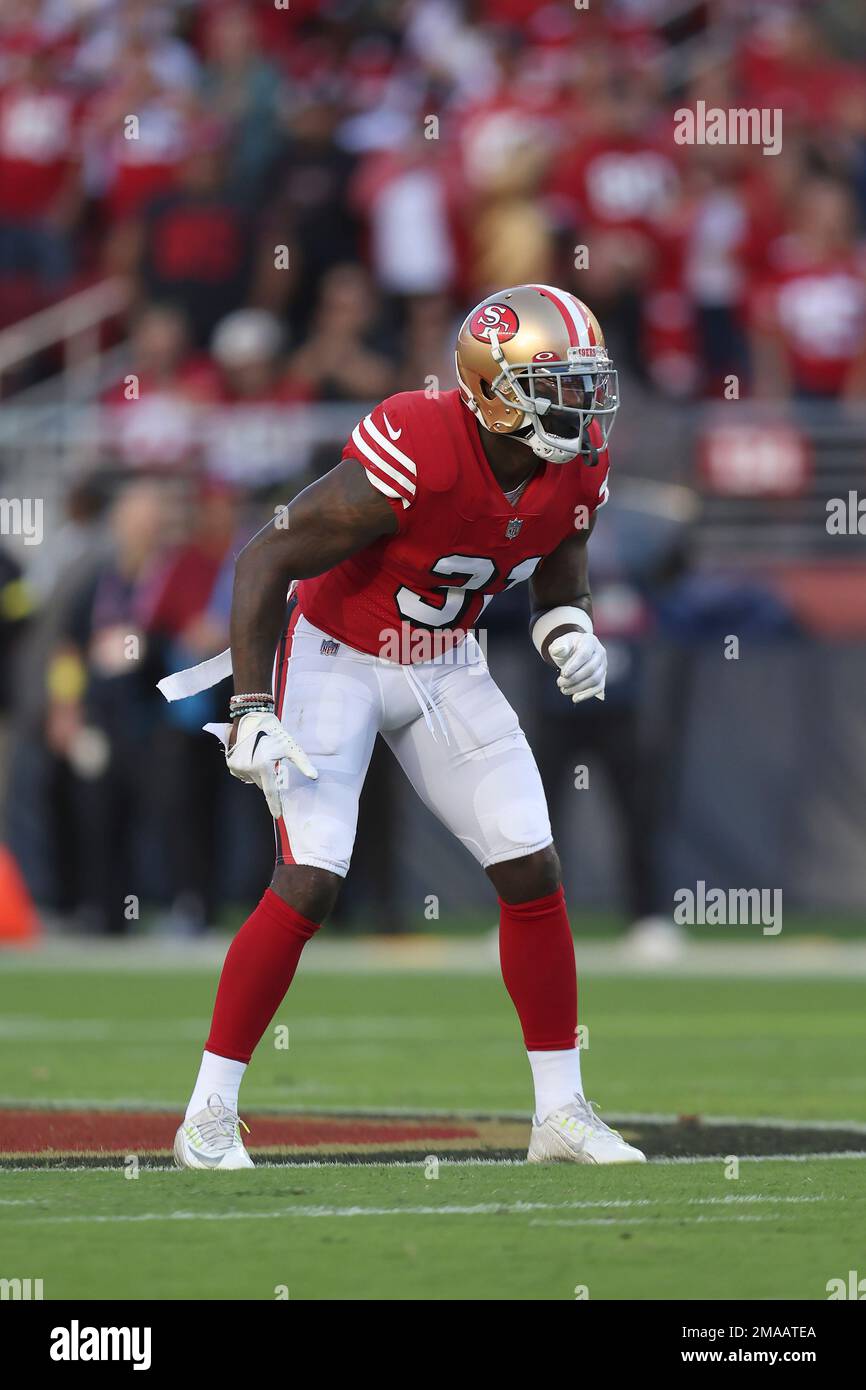 San Francisco 49ers safety Tashaun Gipson Sr. (31) is introduced before an  NFL divisional round playoff football game against the Dallas Cowboys in  Santa Clara, Calif., Sunday, Jan. 22, 2023. (AP Photo/Godofredo