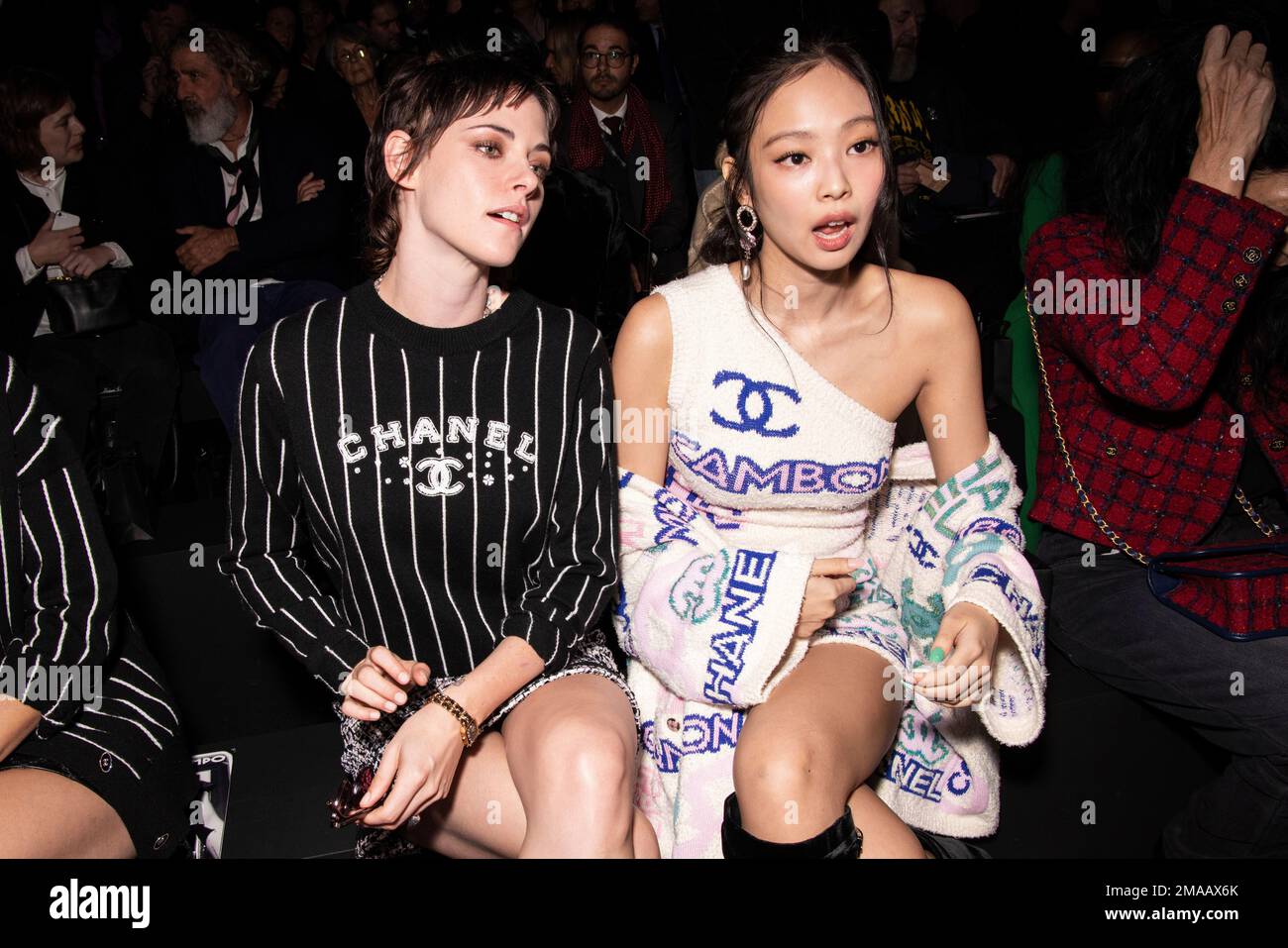 Kristen Stewart, left, and Jennie Kim attend for the Chanel ready