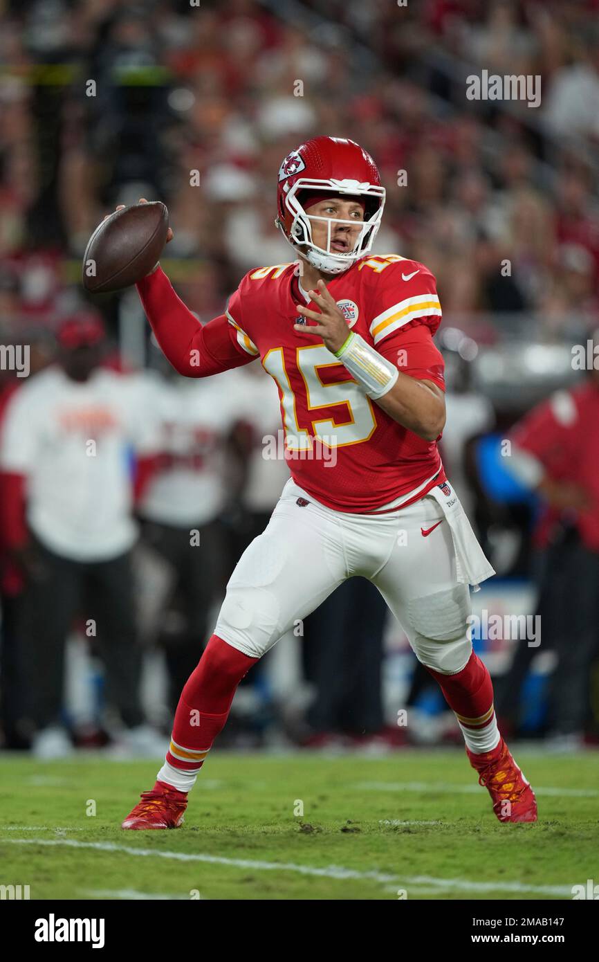 Kansas City Chiefs quarterback Patrick Mahomes (15) makes a pass attempt  during an NFL football game against the Tampa Bay Buccaneers, Sunday, Oct.  2, 2022 in Tampa, Fla. The Chiefs defeat the