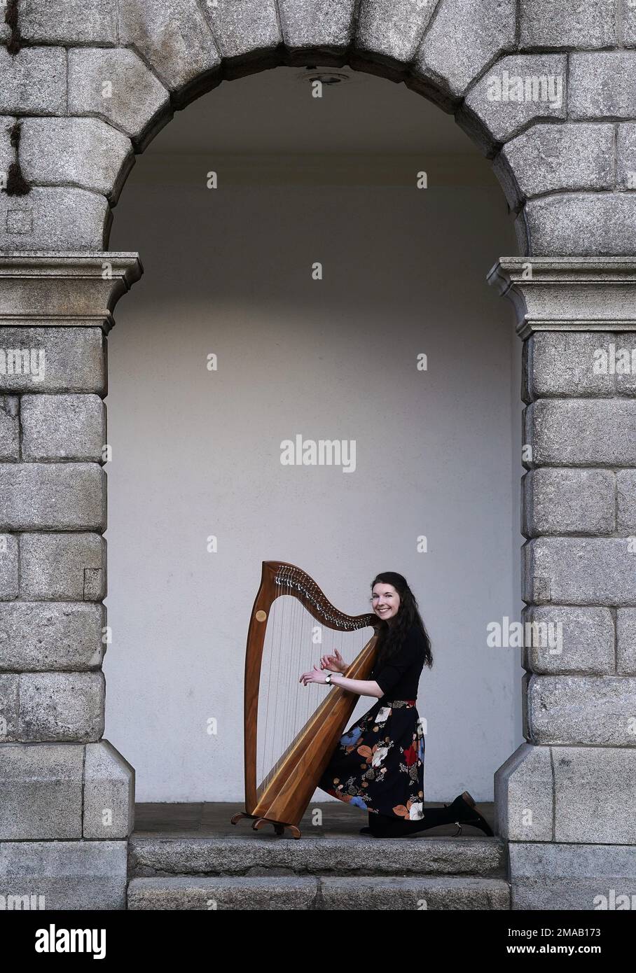 Harpist Rachel Duffy at the launch of TradFest 2023 at Dublin Castle. Ireland's largest trad and folk music festival TradFest runs from January 25th to 29th with over 85 concerts, 50 of which are free. Picture date: Thursday January 19, 2023. Stock Photo