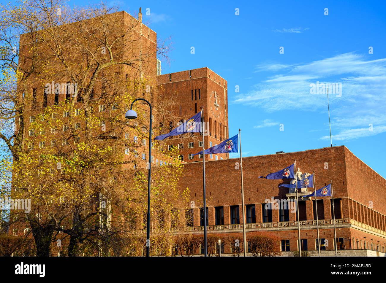 Closeup of Oslo Town Hall in low autumn sunlight, Oslo Norway. Stock Photo