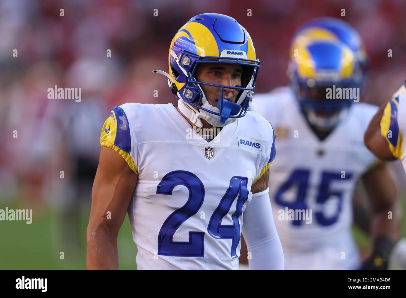 Los Angeles Rams safety Taylor Rapp (24) warms up before an NFL ...