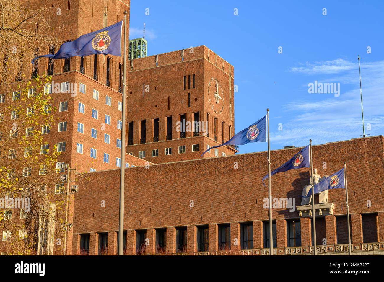 Closeup of Oslo Town Hall in low autumn sunlight, Oslo Norway. Stock Photo