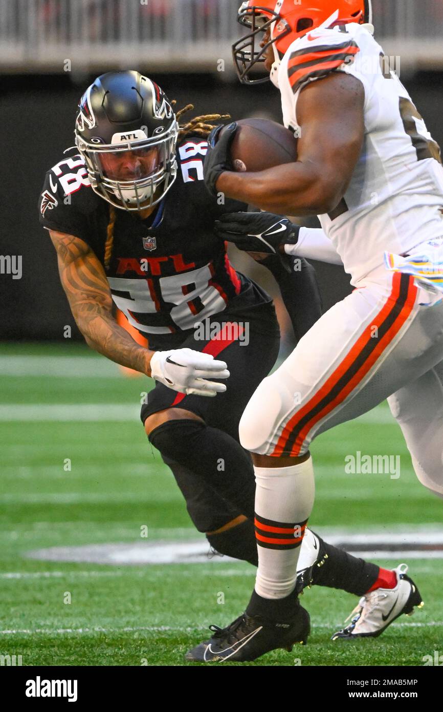 Atlanta Falcons cornerback Mike Ford (28) works during the first