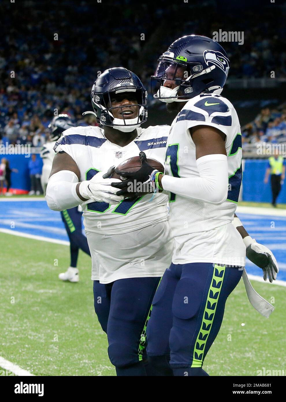 NFC cornerback Tariq Woolen (27) of the Seattle Seahawks tosses a