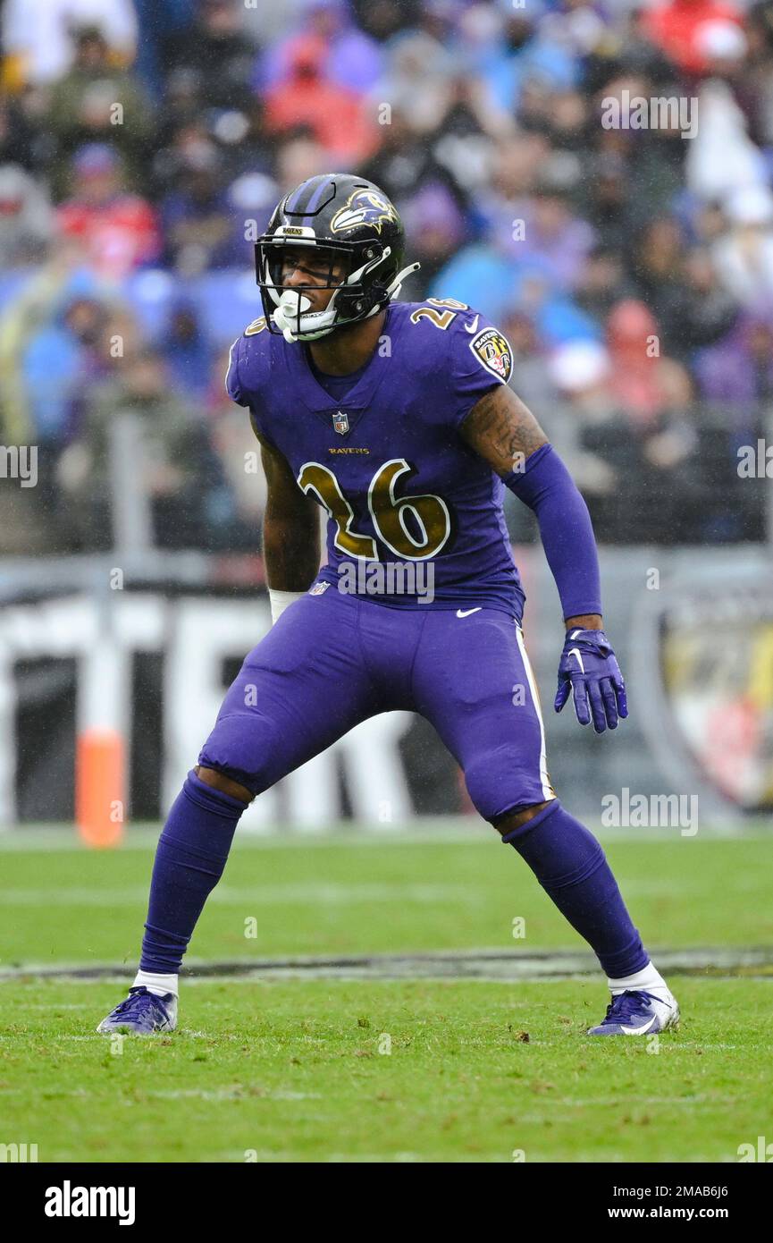 Baltimore Ravens safety Geno Stone (26) in action during the first half
