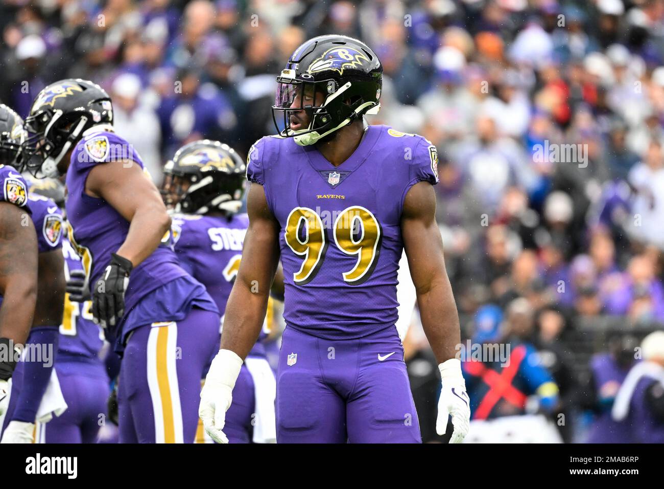 Baltimore Ravens linebacker Odafe Oweh (99) looks on during the