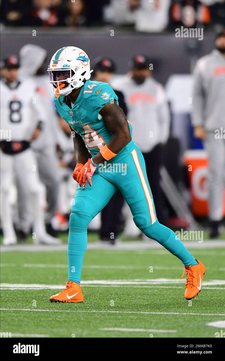 Miami Dolphins wide receiver Trent Sherfield (14) lines up for the play